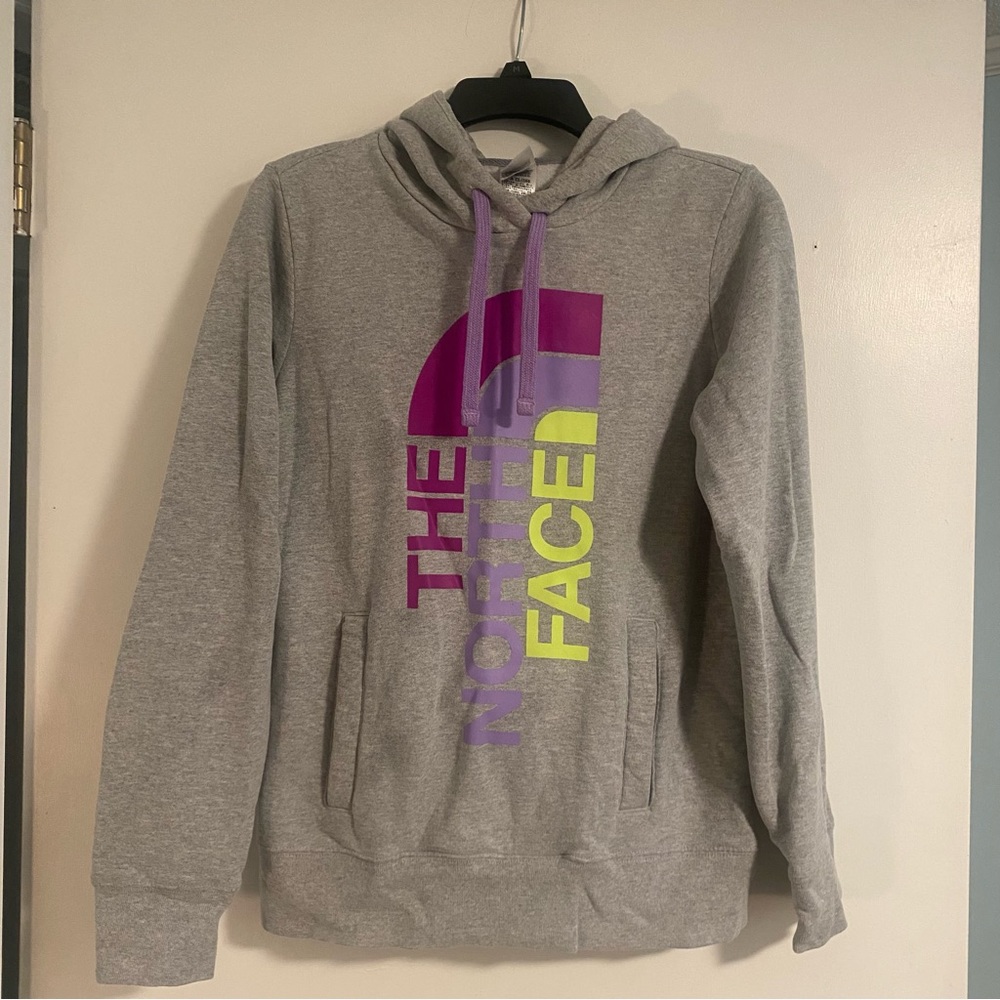 The North Face Womens Hoodie Gray Pink/Purple/Green Logo Long Sleeve Pullover M